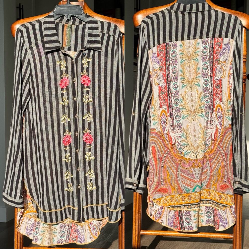 Aratta Silent Journey Embroidered Striped Boho Tunic Shirt Floral Paisley M